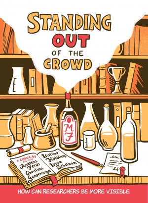 Drawing of a book shelf with bottles, the title of the comic, and the names of the authors