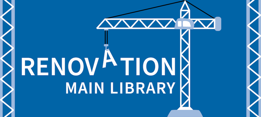Symbolic image of the renovation; a crane moves a book from one shelf to another