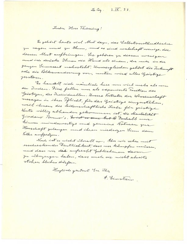 Brief von Albert Einstein an Hans Thirring 