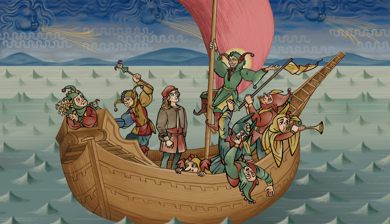 Screenshot from Pentiment showing a ship with characters dressed like fools